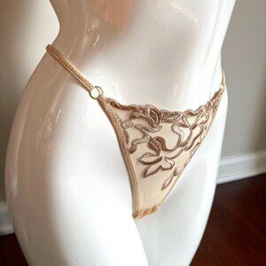 Bow Decor Lace Mesh Floral Thong / G-Sting with Butt Bow in Nude/ Beige
